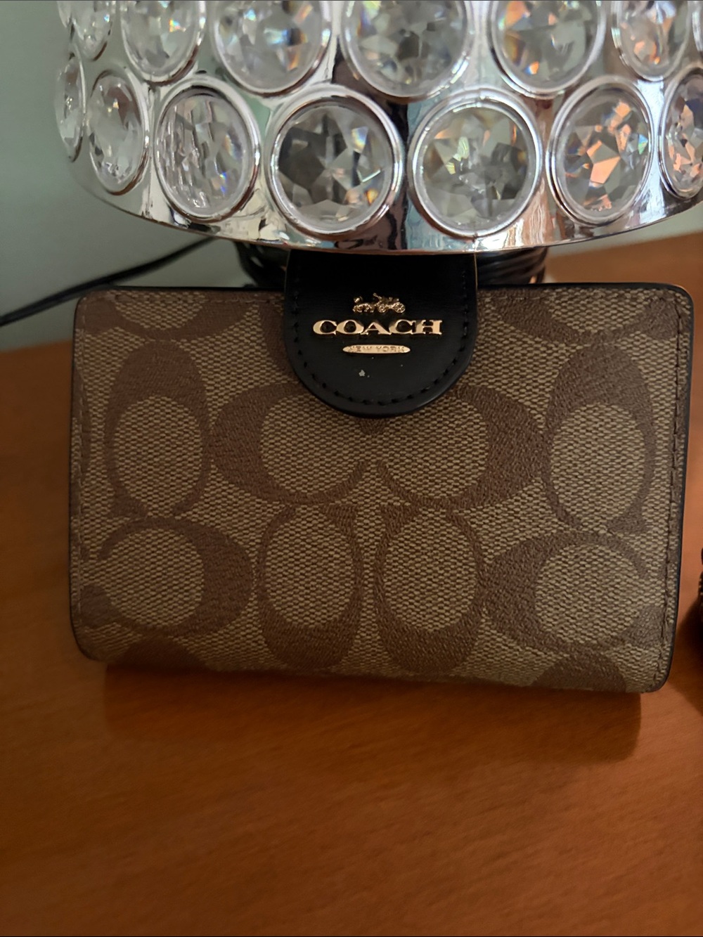Coach Brown Signature Canvas Compact Wallet with Gold Logo